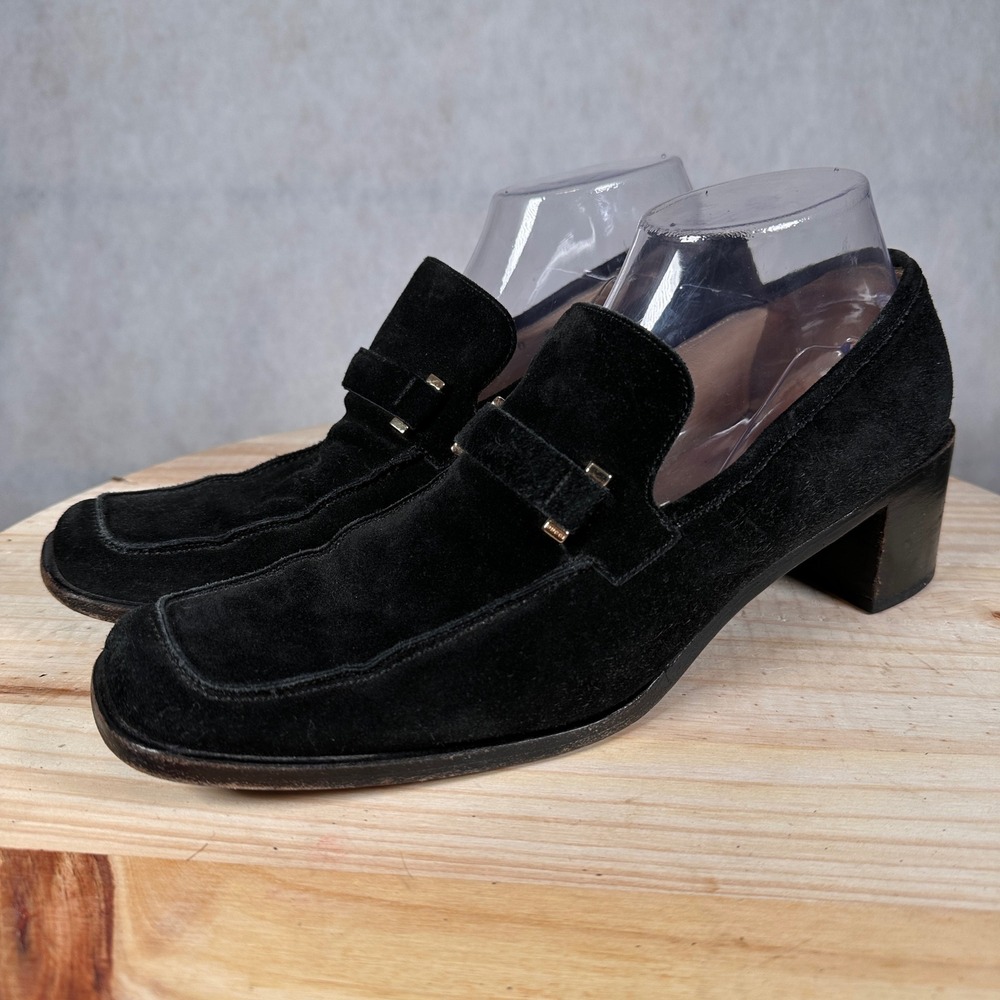 Gucci Suede Block Heel Loafers Womens 10 Black Good Square Toe Italy 100 0255
